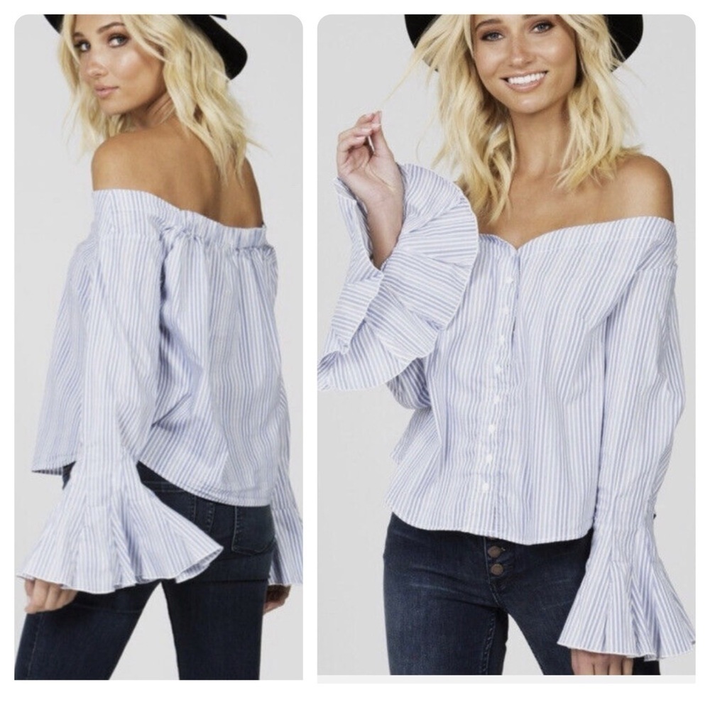 FREE PEOPLE March To the Beat Off Shoulder Top Blue White Striped Size Small